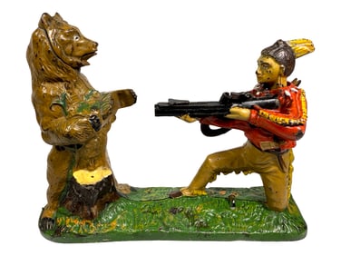 Indian and Brown Bear - Cast Iron Mechanical Bank