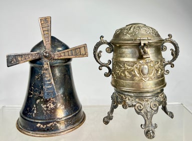 Two Silver Plated Tin Banks Samovar/Windmill