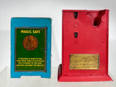 Two English Tin Mechanical Banks Burgess Money Box & Magic Safe
