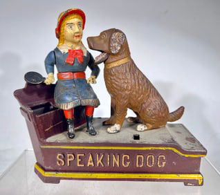 Speaking Dog Mechanical Bank with Blue Dress