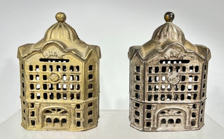 Two Dome Building Banks, Second Largest, One Scarce with Twist Pin & Painted Gold