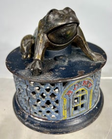 Frog on Lattice Cast Iron Mechanical Bank - Desirable Blue Base