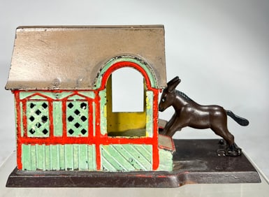 Mule Entering the Barn Cast Iron Mechanical Bank - Green Version