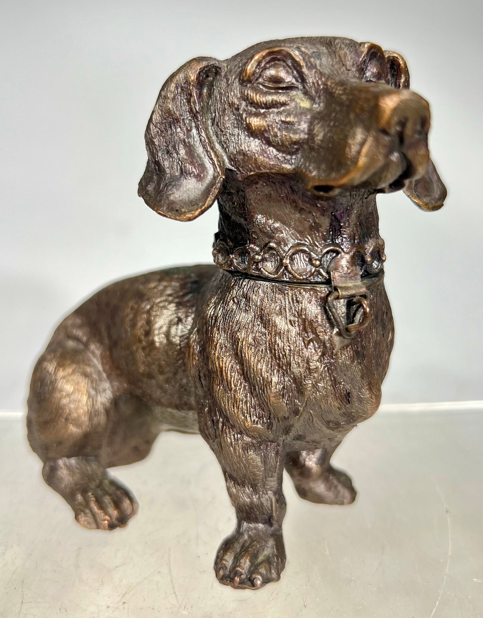 Dachshund Spelter Still Bank: German 1925 - 4 ¼” T x 6” W x 2 ¾” D