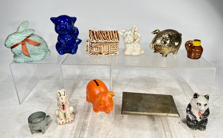Nine Ceramic Tin Banks and a Cigarette Case
