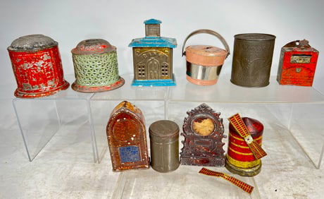 Ten Mostly Early American Tin Still Banks