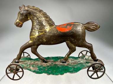 Tin Stained Golden Horse on Platform Base