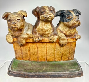 Three Pups in a Basket Cast Iron Doorstop