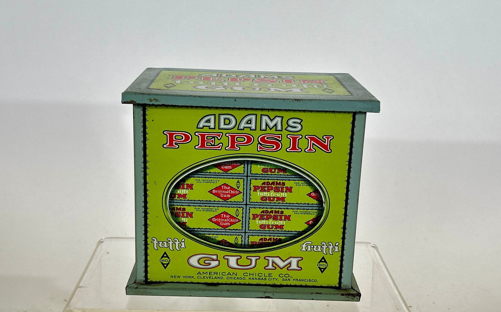 Adams Pepsin Gum Tin: American 1930 - 6 ¾”L x 6 ½”T x 4 ¾”D