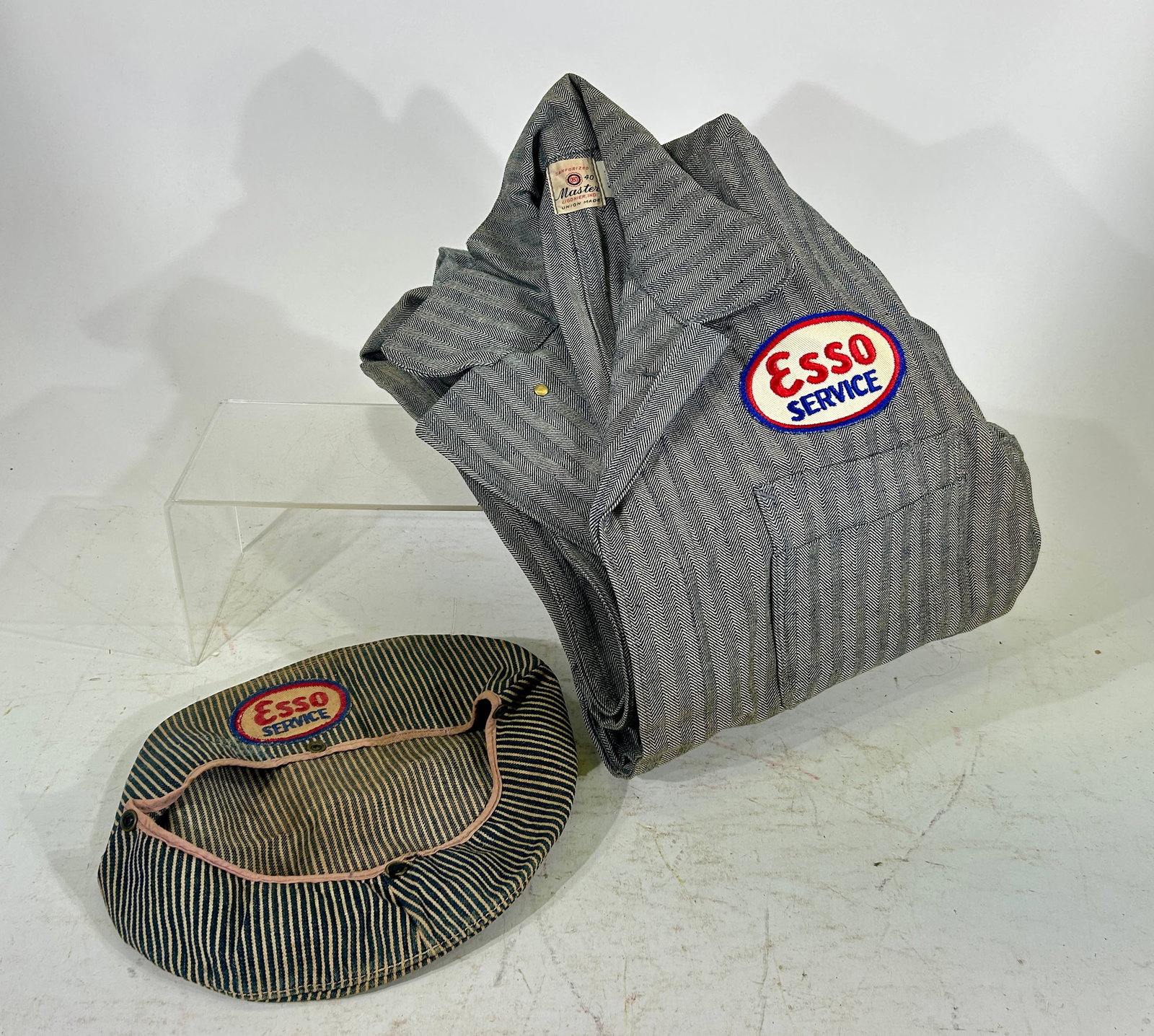 Esso Service Station Overalls with Hat: Made by Master Heavy Denim - American 1950’s - 18”L x 13”W x 7”T Folded