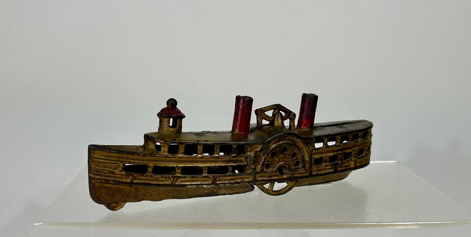 Paddlewheel Boat Bank: A.C. Williams Co. - Ravenna, Oh. 1925 - 7 ½”L x 2 ½”T x 1 ½”D