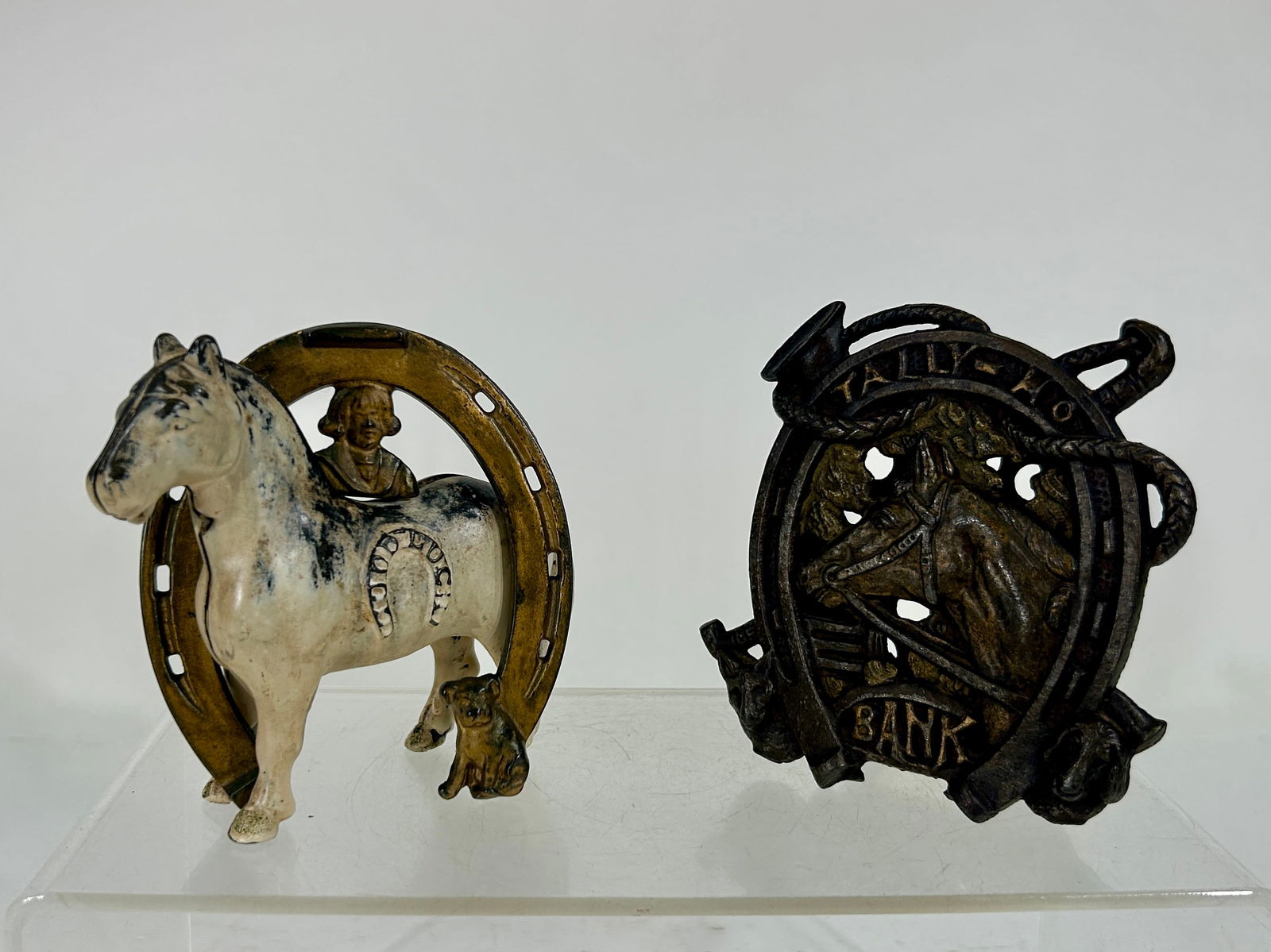 Tally HO/Good Luck Horseshoe Cast Iron Still Banks: American/English - Larger is 4 ¼”W x 5”T x 2 ½”D