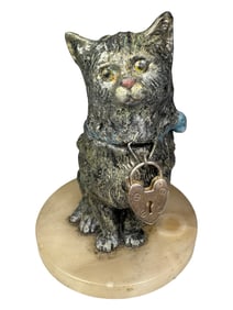 Seated Gray Cat Still Bank on a Circular Marble Base