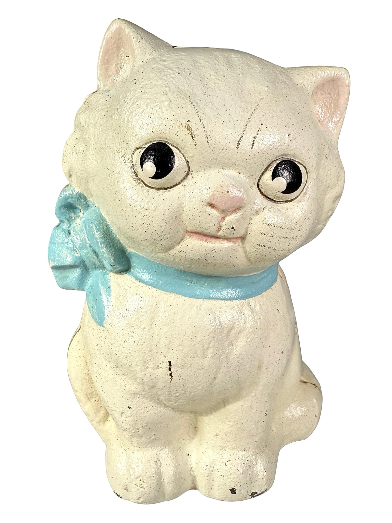 Kitty Bank with Blue Bow: Made by the Hubley Mfg. Company. Lancaster, Pa. - 1930's - 4 3/4" Tall.