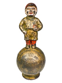 Rare Mascot Boy atop Baseball Cast Iron Bank