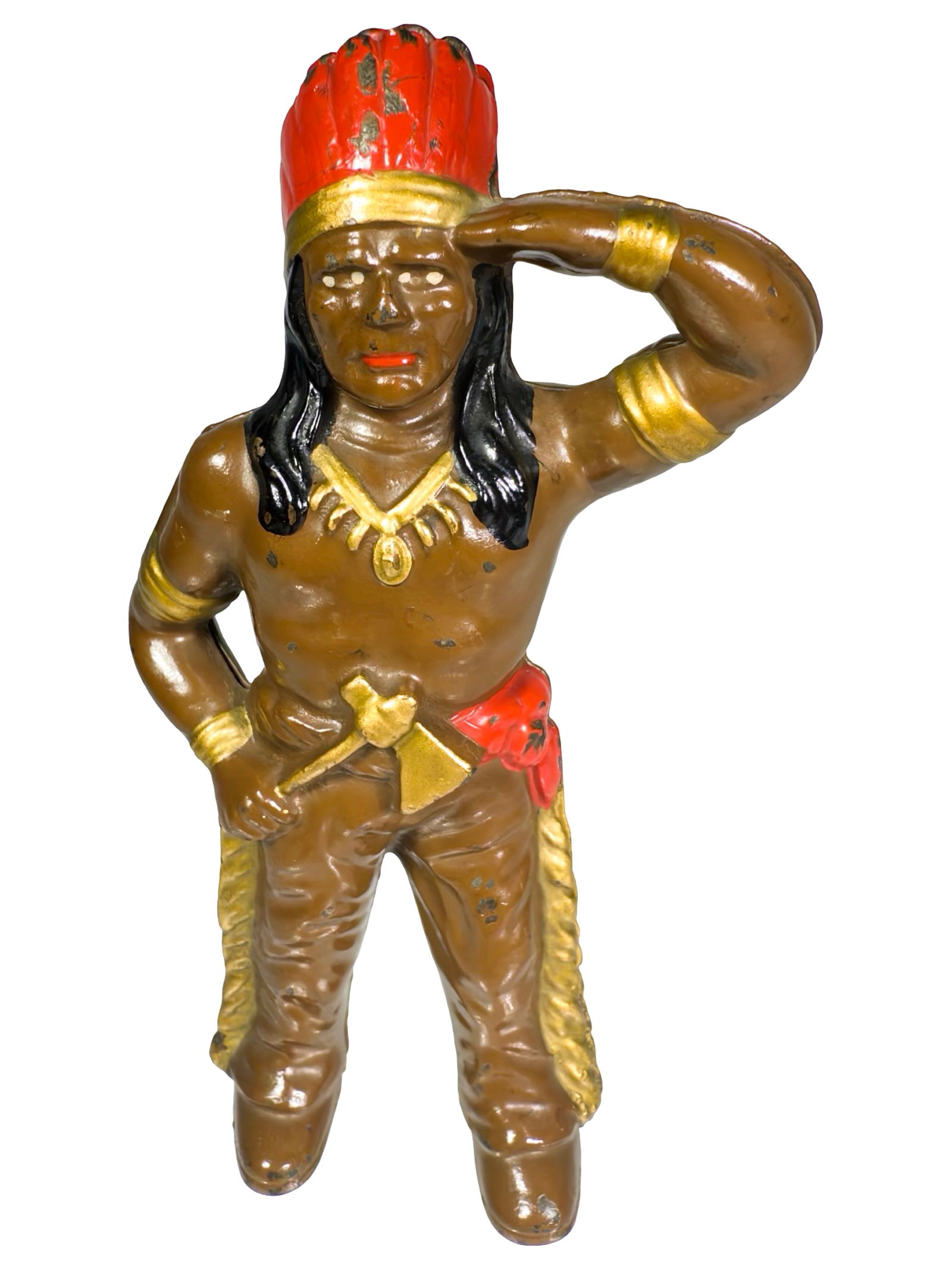 Indian with Tomahawk Cast Iron Bank: Made by Hubley Mfg. Company. Lancaster, Pa. - 1920's - 5 7/8" Tall.