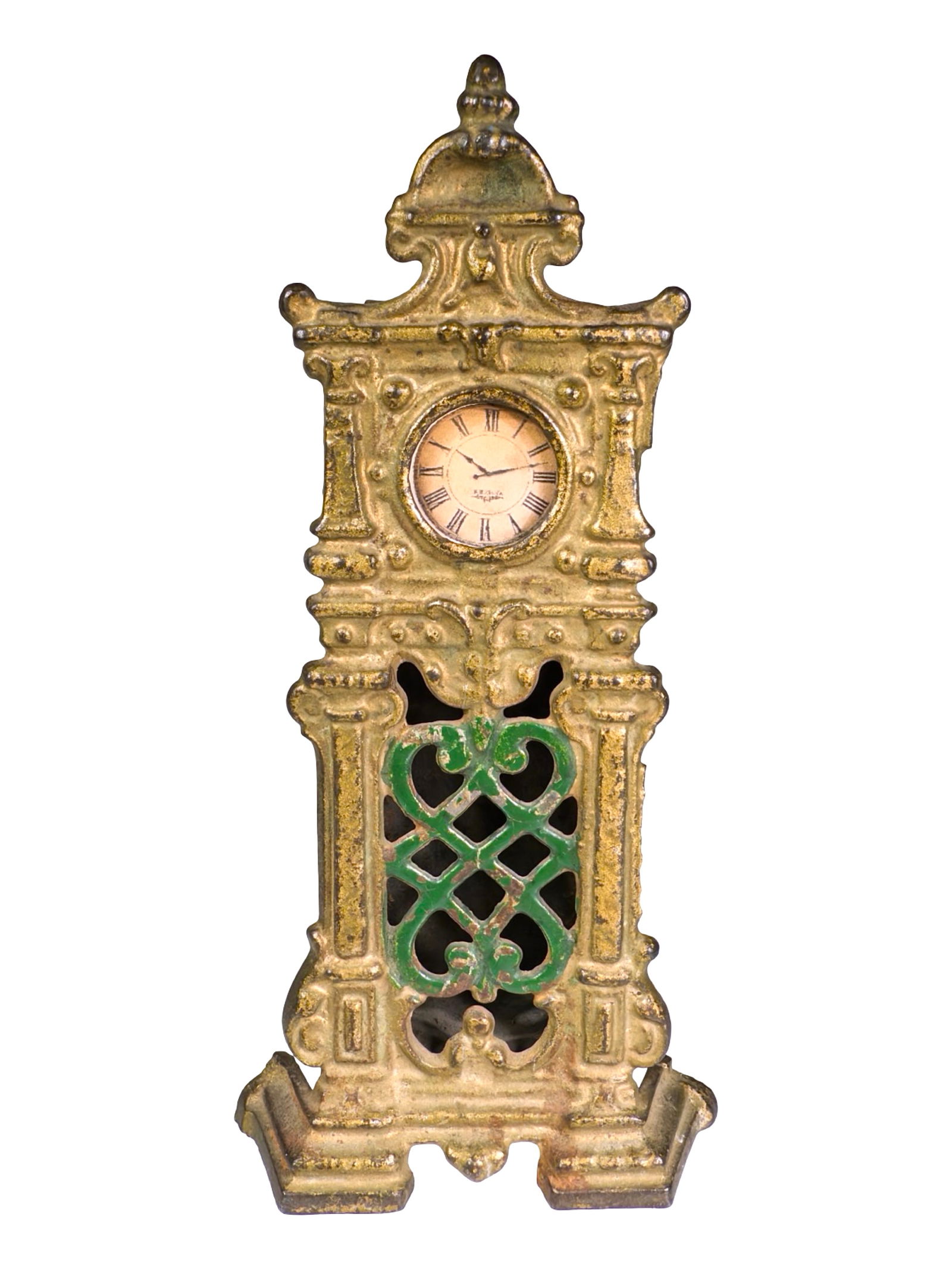 Ornate Hall Clock - Paper Face: Criss-crossed Inset Painted Green. Made by the Hubley Mfg. Company. Lancaster, Pa. - 1910's - 5 7/8" Tall.