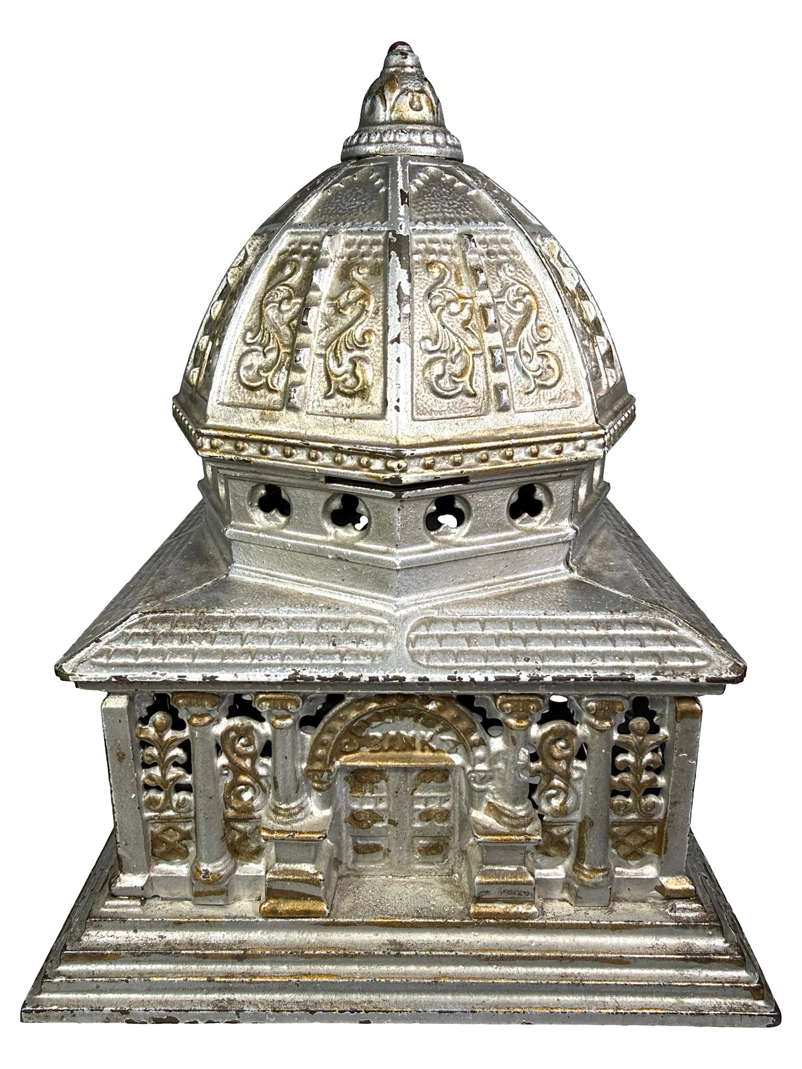 Columbia Bank - Largest: Made by Kenton Hardware Co. Kenton, Ohio - 1895. Great Gold Highlights. 8 3/4" T x 7" Square.