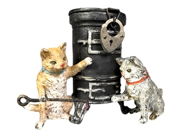 Pair of Playful Kittens Beside a Potbelly Stove - Spelter Bank