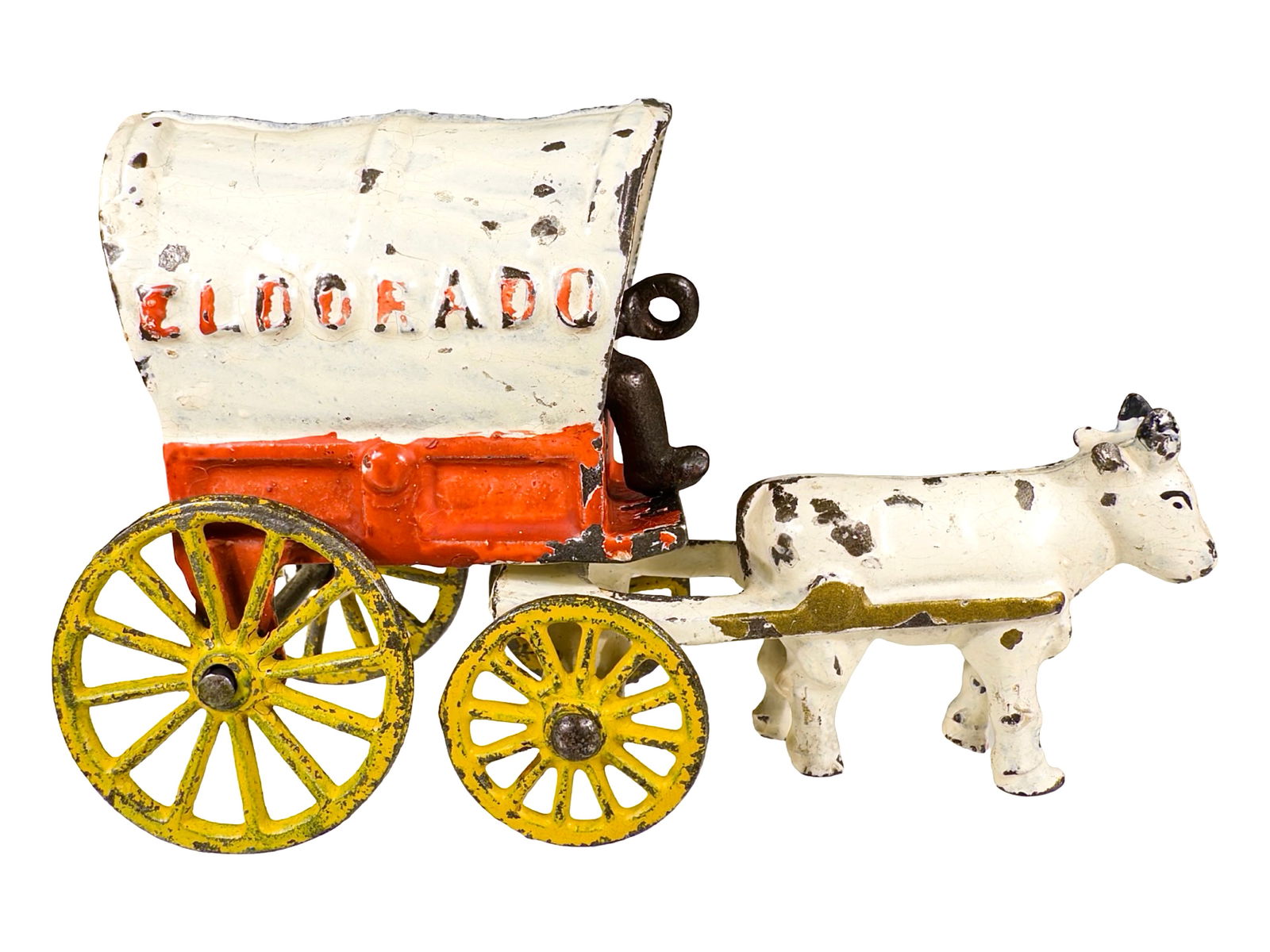 El Dorado Gold Rush Era Covered Conestoga Wagon - Cast Iron Toy: Made by the Shimer Toy Company. Freemansburg, Pa. - 1895. 5 1/2" L x 3 1/2" T x 2 1/2" D.