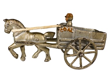 Monochromatic Silver Coal Cart Separately Cast Man Stands in Dray - Cast Iron Toy