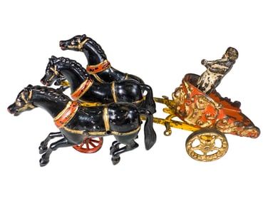 Three Horse Circus Chariot with Rare Galloping Horses  - Cast Iron Toy