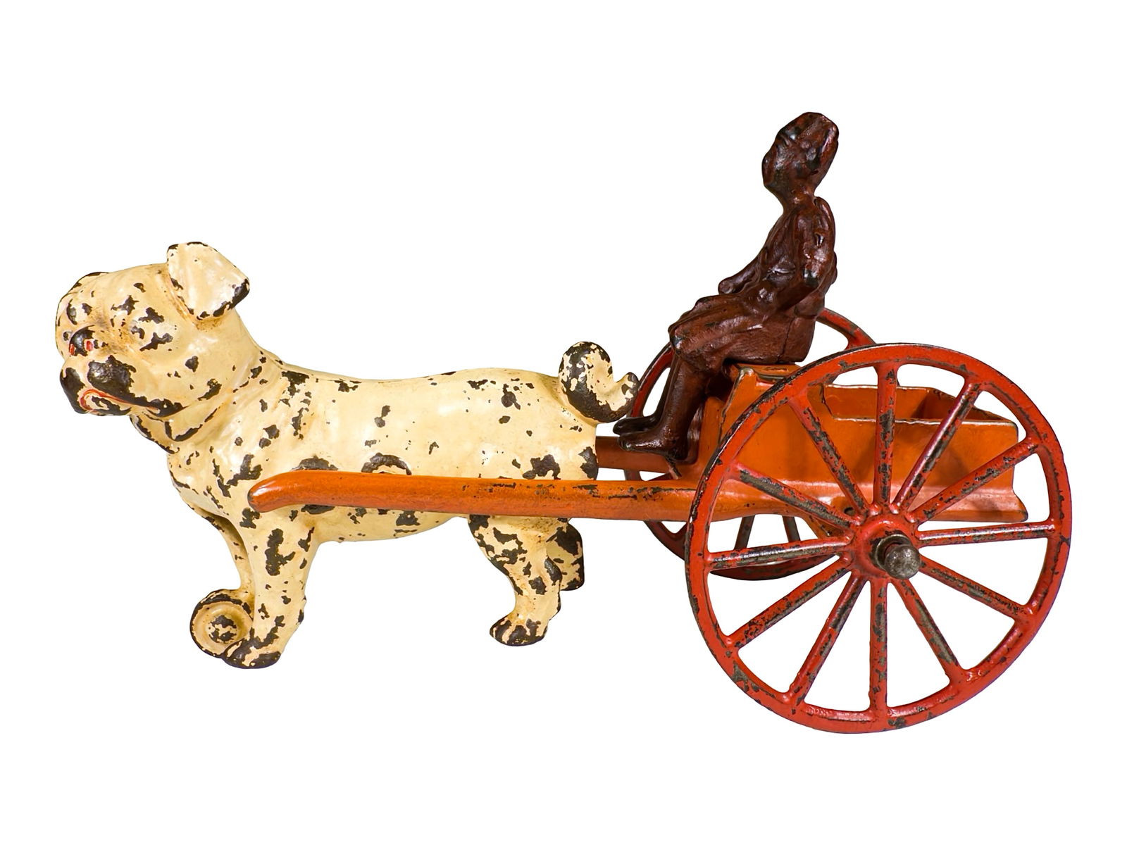 Pug Dog Pulling a Short Dray - Cast Iron Toy: Made by the Kenton Hardware Company. Kenton, Ohio - Circa 1911. 8" L x 4 3/4" T x 3" D. This is another of Kenton's rare animal drawn dray wagons. Very tough to find an example of this unusual toy. Al
