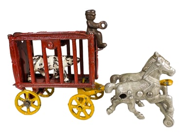 Royal Circus Menagerie Cage Red Wagon with a Polar Bear  - Cast Iron Toy