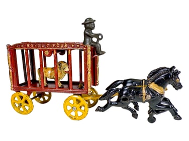 Royal Circus Menagerie Cage Red Wagon with a Pacing Lion - Cast Iron Toy