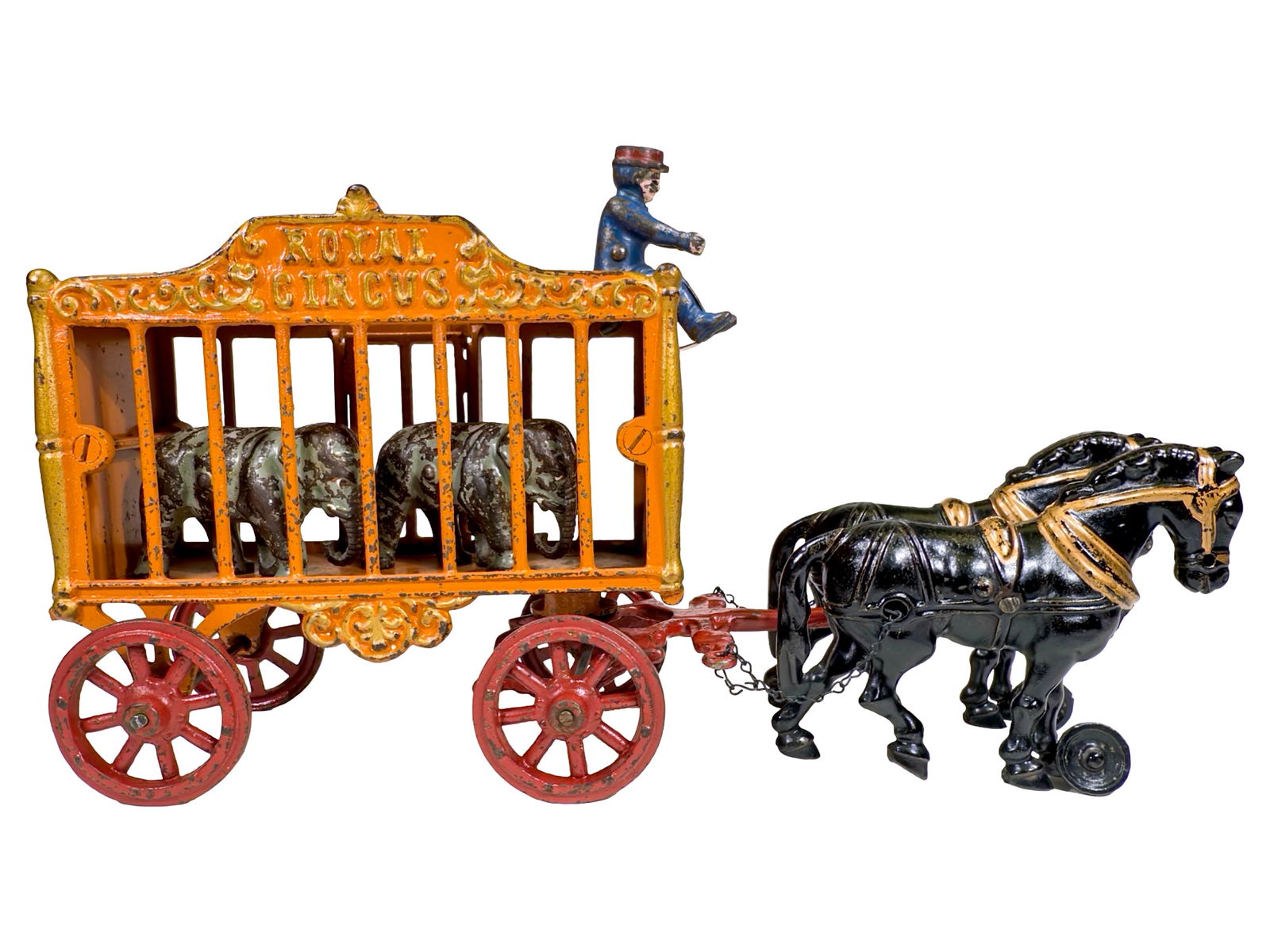 Royal Circus Menagerie Wagon Orange Coach with Scarce Gray Elephants  - Cast Iron Toy (1 of 13)
