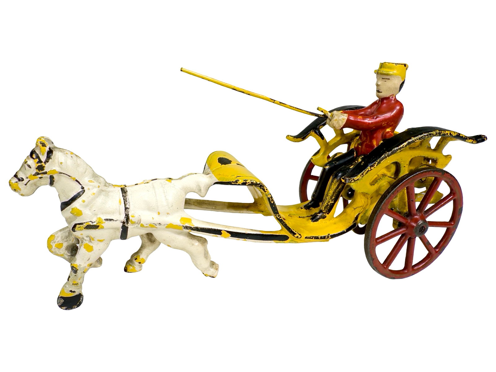 Whipping Action Yellow Pony Gig - Cast Iron Toy: Made by the Wilkins Toy Company. Keene, New Hampshire - Ca. 1900. 7 1/2" L x 3 3/4" T x 2 1/4" D.