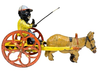 Donkey Drawn Cart with Black Jockey Figure with Articulated Whipping Action - Cast Iron Toy