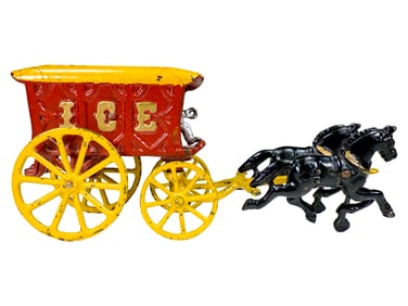 Two Horse Red & Yellow Ice Wagon - Cast Iron Toy