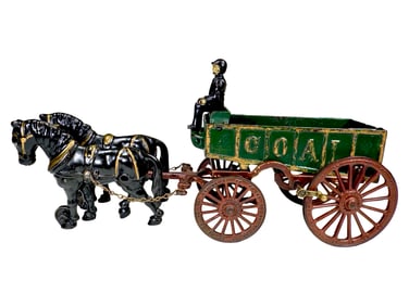 Two Horse Green Flatbed Coal Wagon Rare Example with Hydraulic Mechanism - Cast Iron Toy