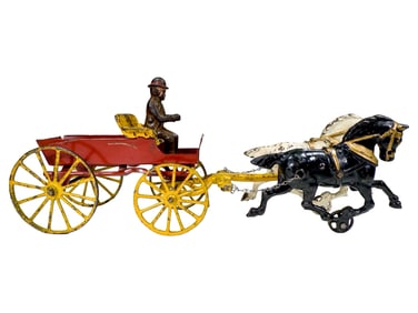 Two Horse One-Seat Flatbed Dray - Cast Iron Toy