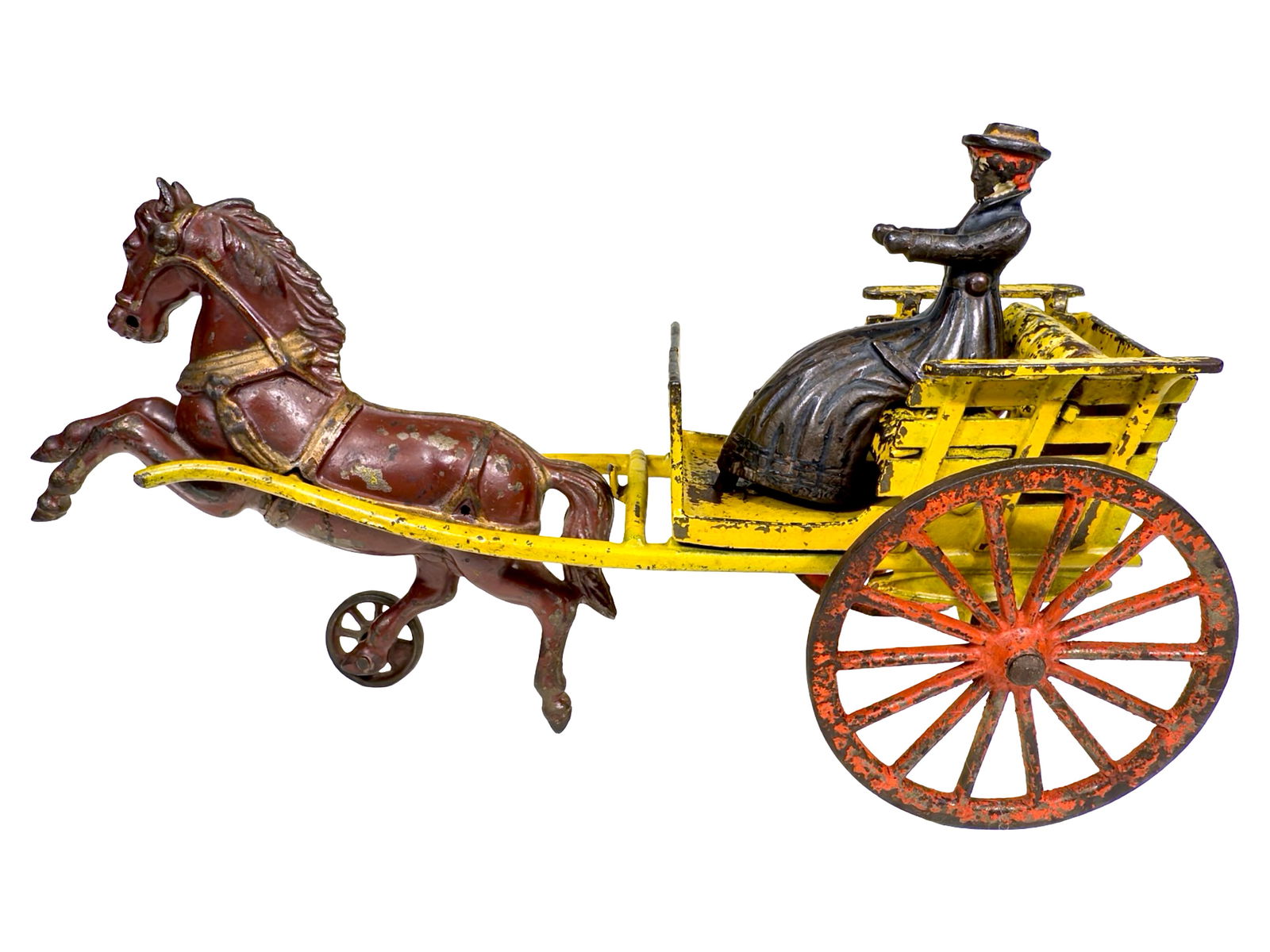 Unusual Yellow Country Cart with Horizontal Slatted Sides - Cast Iron Toy: Made by the Shimer Toy Company. Freemansburg, Penn. - Circa 1895. Painted examples are Rare. 10" L x 5 3/4" T x 4" D. This is essentially an elongated "gig" form that is often referred to as a country