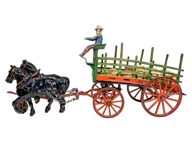 Scarce Two Horse Commercial Dray - Cast Iron Toy