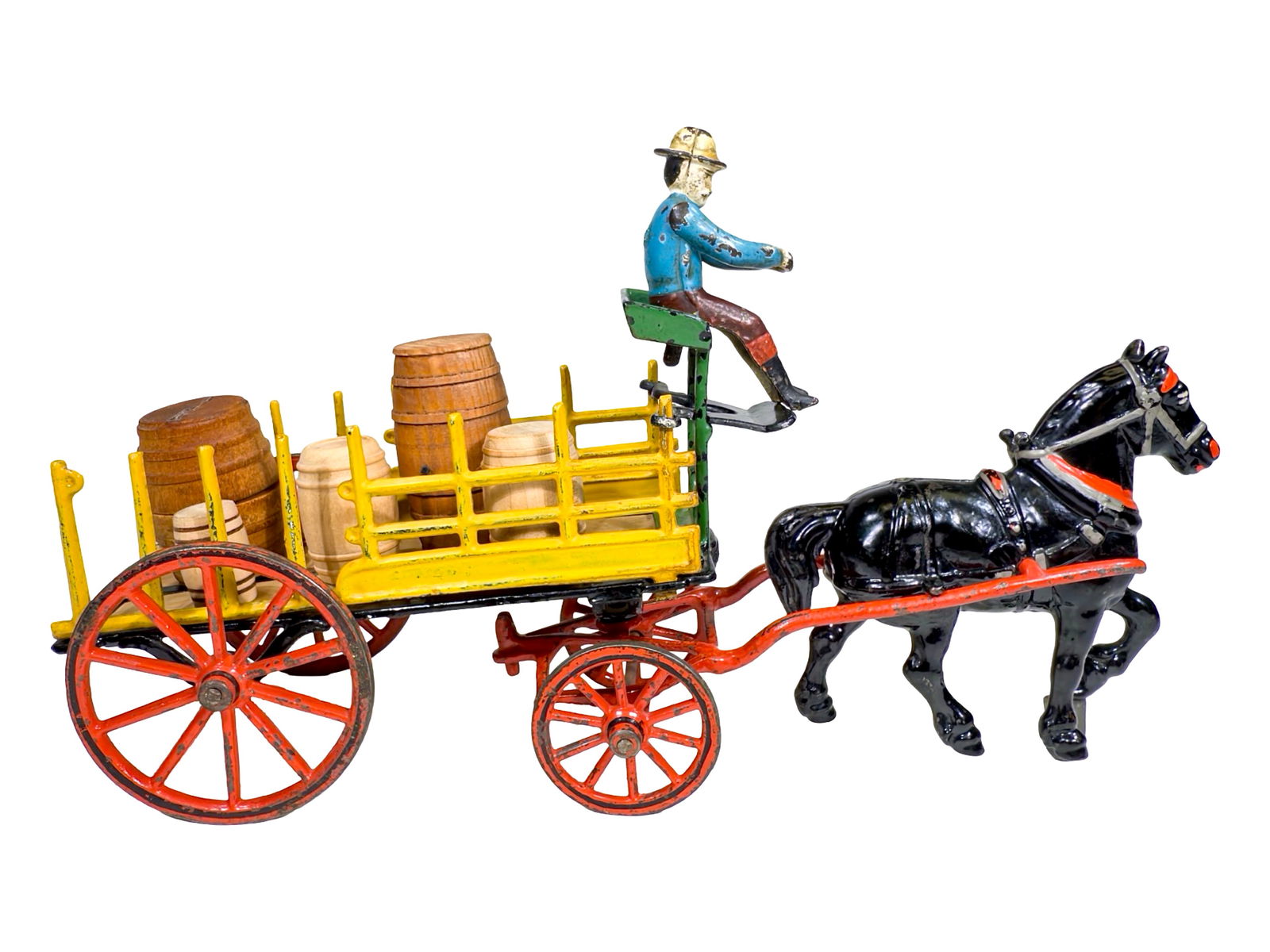 One Horse Commercial Dray Rare Yellow Upright Sidewalls - Cast Iron Toy: Made by the Pratt & Letchworth Company. Buffalo, New York - Circa Early 1890's. 14" L x 8" T x 4 1/4" D. This is the more modest, and slightly smaller, single horse version of Pratt & Letchworth's com