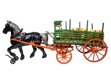 Rare Oversized Commercial Dray Pulled by a Single Large Workhorse - Cast Iron Toy