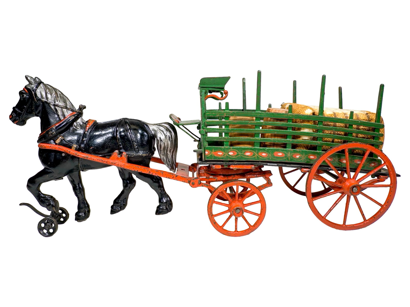 Rare Oversized Commercial Dray Pulled by a Single Large Workhorse - Cast Iron Toy: Made by the Welker and Crosby Company. Brooklyn, New York - Circa Late 1880's. 20" L x 9" T x 6 1/4" D. This represents another absolutely dazzling creation by the Welker and Crosby Company. The extra