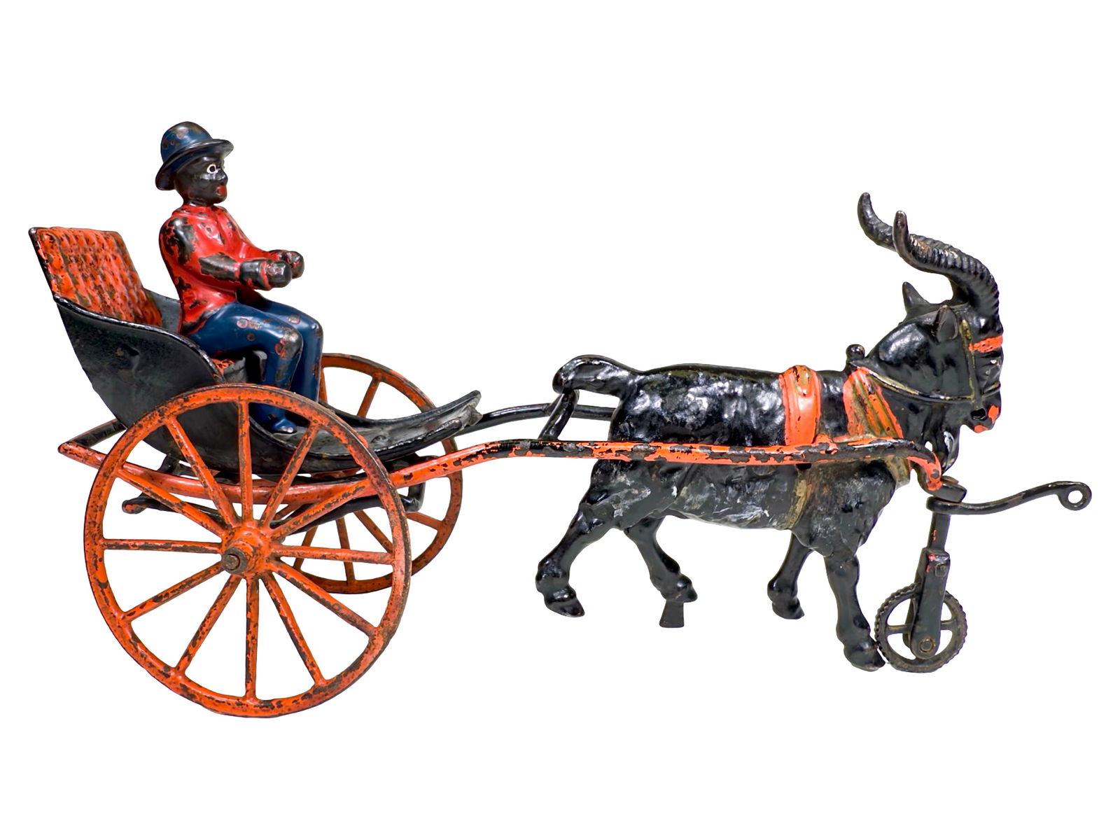 Extremely Rare Goat Drawn Gig - Cast Iron Toy: Made by the Welker & Crosby Company. Brooklyn, New York - Circa Late 1880's. 12" L x 6 3/4" T x 4" D. This exquisitely detailed toy is almost unique in the pantheon of cast iron toy production. Indeed