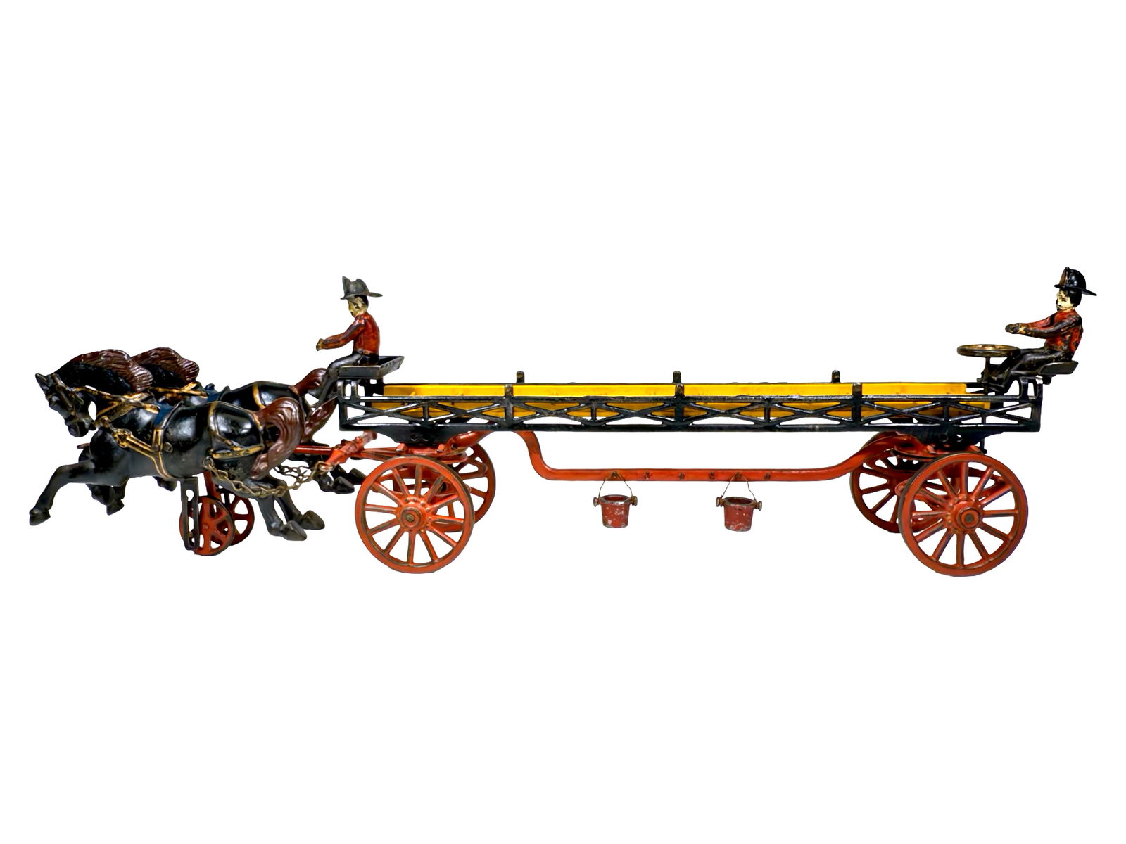 Hook and Ladder Apparatus - Cast Iron Toy: Made by the Welker & Crosby Company. Brooklyn, New York - Circa Early 1890's. 27" L x 7 1/2" T x 5 1/4" D. Welker & Crosby produced highly detailed products with deluxe finishes. This hook and ladder