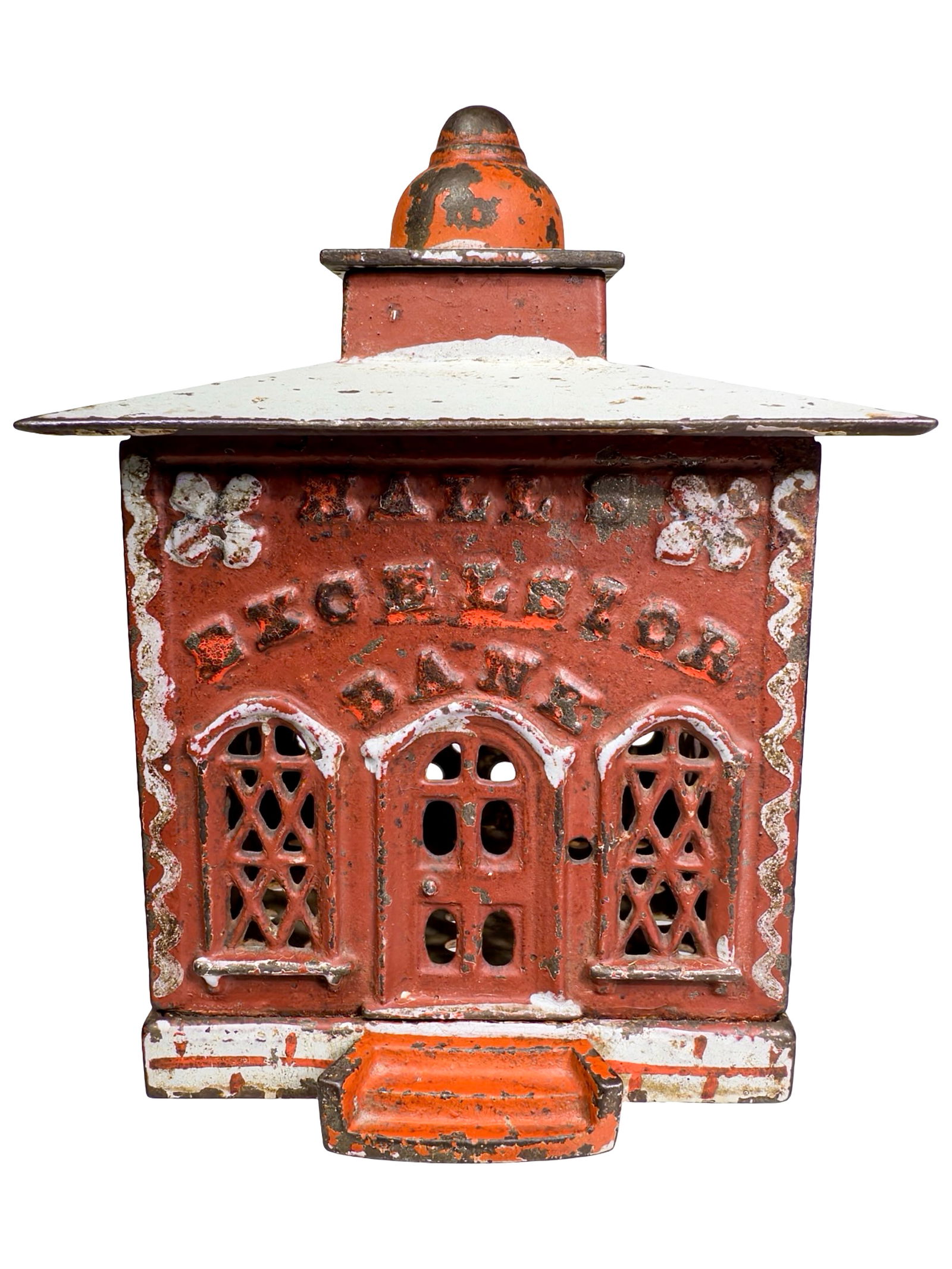 Halls Excelsior Cast Iron Mechanical Bank: J. & E. Stevens Company. Cromwell, CT. 1870's. 5" Tall x 4" Wide x 4" Deep.