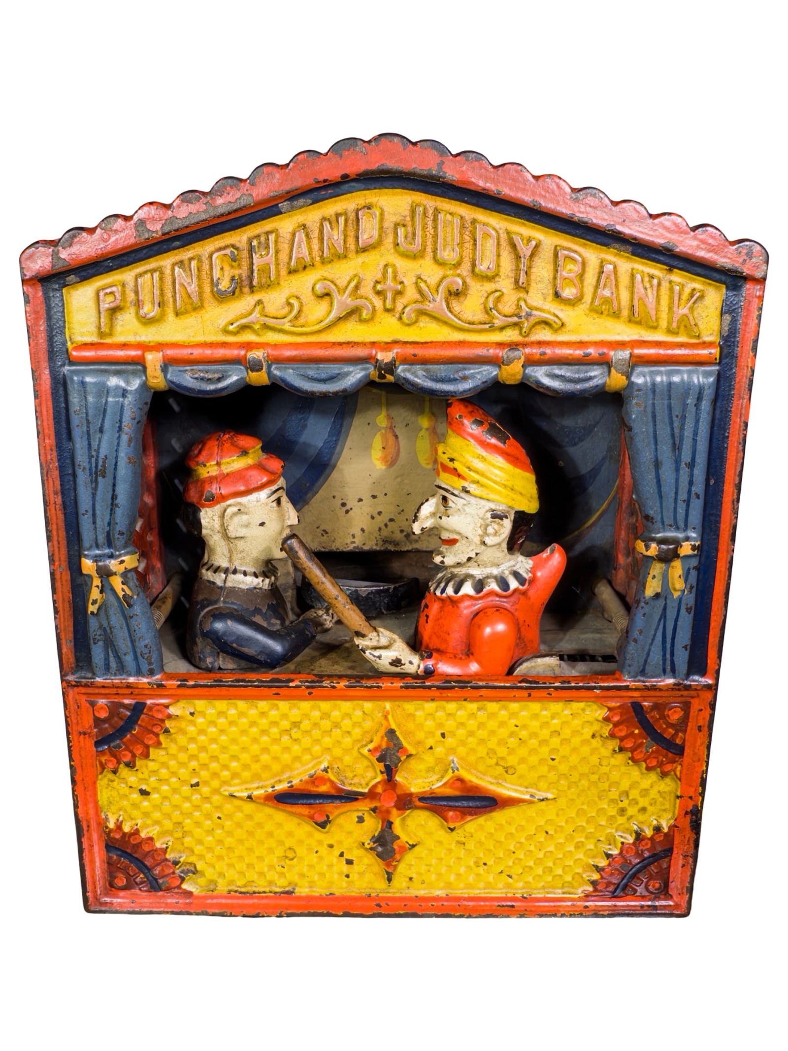 Punch and Judy Cast Iron Mechanical Bank: Large Letter Version. Shepard Hardware Company. Buffalo, NY. 1885. 7 1/2" Tall x 6" Wide x 4" Deep.