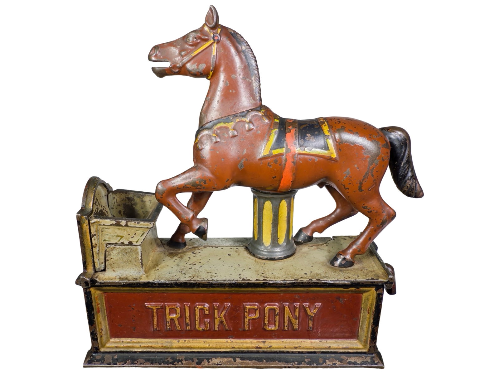 Trick Pony Cast Iron Mechanical Bank: Shepard Hardware Company. Buffalo, NY. 1890's. 8" Tall x 7" Wide x 2 1/2" Deep.