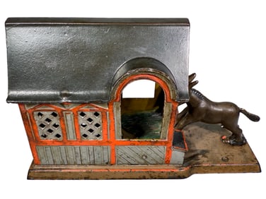 Mule Entering Barn Cast Iron Mechanical Bank