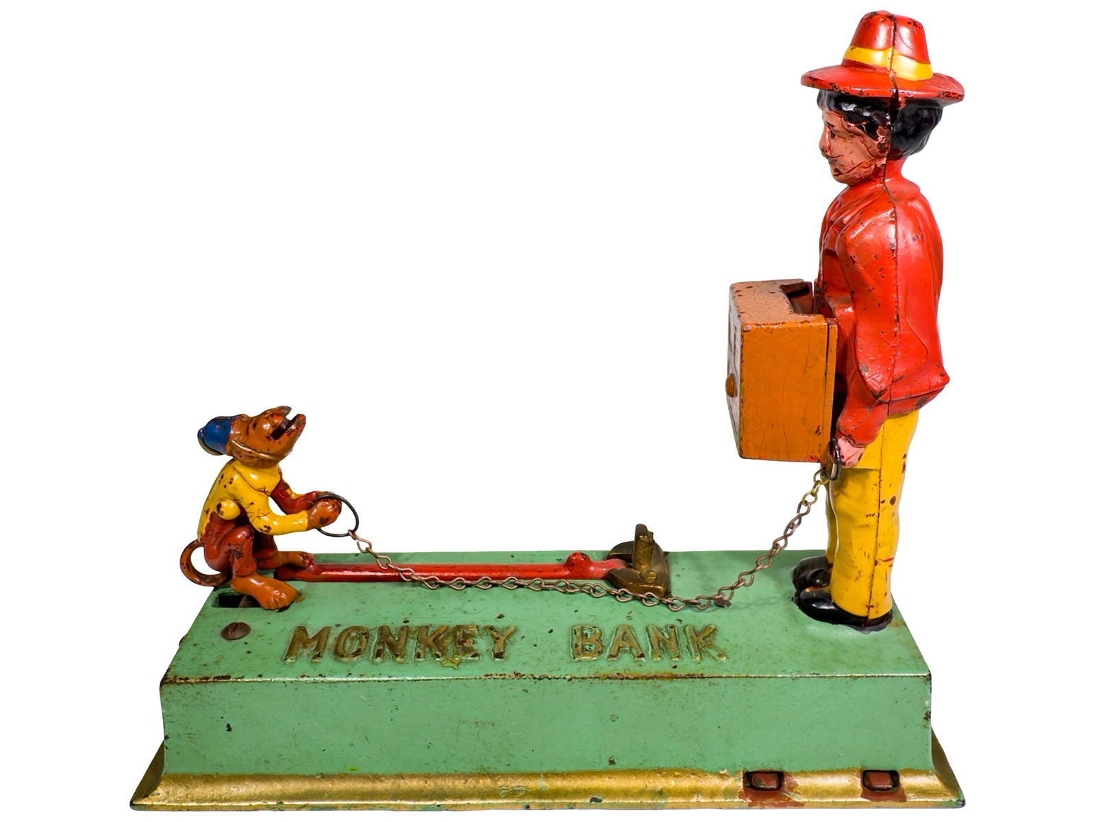 Monkey Cast Iron Mechanical Bank: Hubley Mfg. Company. Lancaster, PA. 1930's. 8" Tall x 9" Wide x 3" Deep.