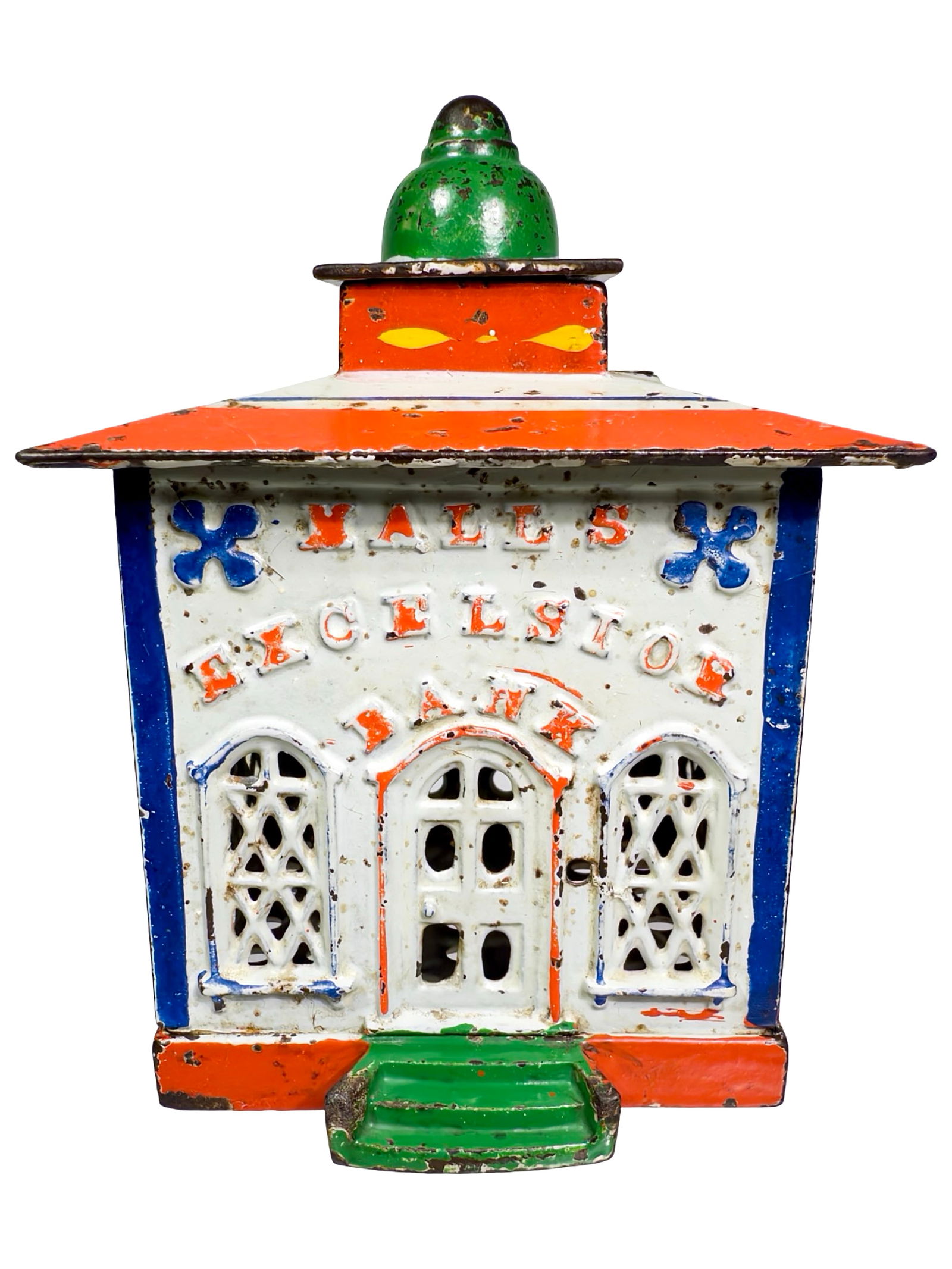 Halls Excelsior Cast Iron Mechanical Bank: Patriotic Color Scheme. J. & E. Stevens Company. Cromwell, CT. 1870's. 5" Tall x 4" Wide x 4" Deep.