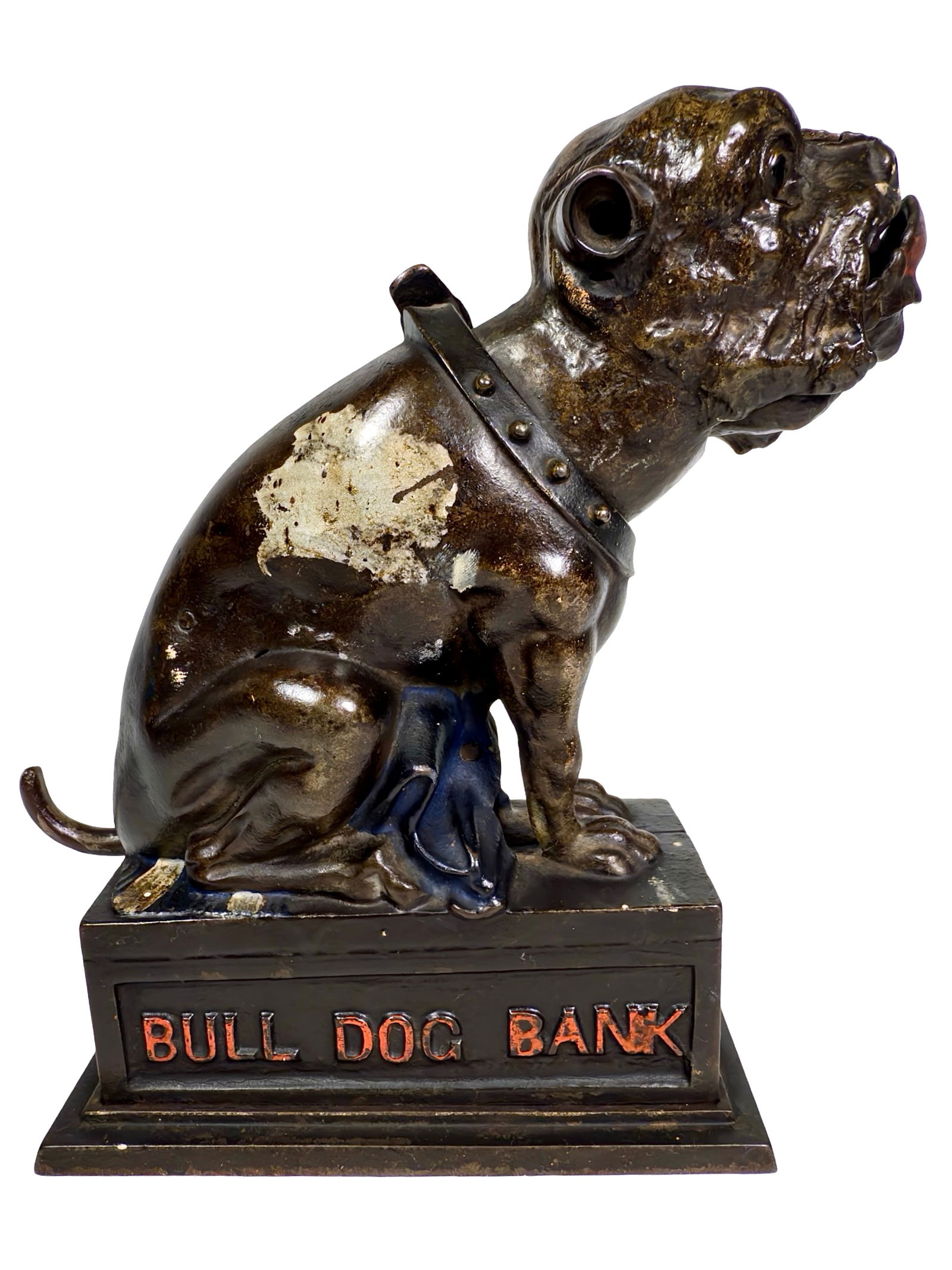 Bulldog Cast Iron Mechanical Bank: Blue Blanket Version. J. & E. Stevens Company. Cromwell, CT. 1880's. 7 1/2" Tall x 6" Wide x 3" Deep.