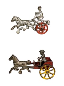 Two Miniature Cast Iron Horse Drawn Road Carts
